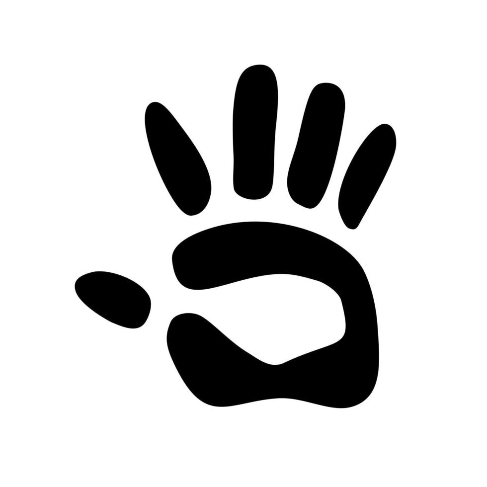 impresión de mano humana, silueta de palma aislada sobre fondo blanco. forma plana simple, sombra dibujada a mano. icono de huellas dactilares negras. vector