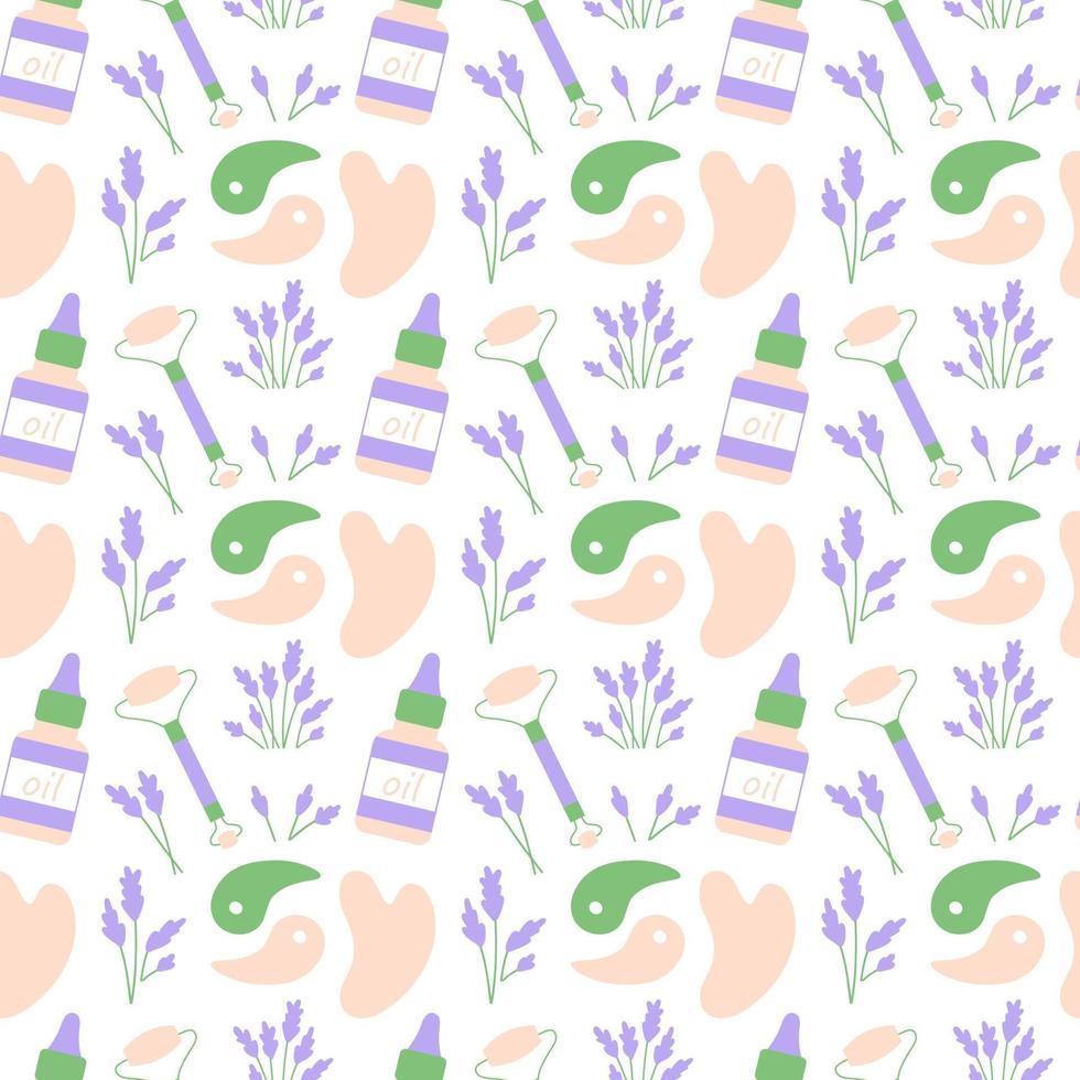 Set of Gua Sha massage tools seamless pattern. Scraper, face oil, double sided massage roller, eye patches, lavender. Home beauty salon. Vector flat cartoon illustration isolated on white background.