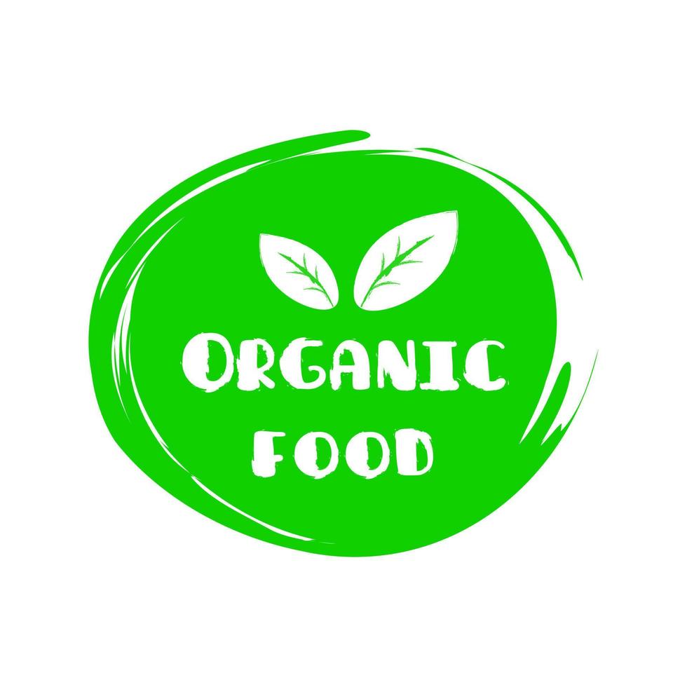 etiqueta de logotipo de alimentos orgánicos, veganos y frescos. concepto de etiqueta verde ecológica vegetariana. textura de pintura grunge. pegatina en forma de círculo. diseño del paquete del producto. vector