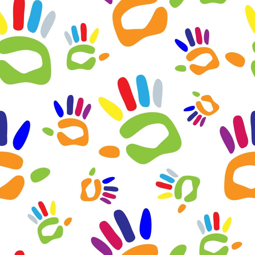impresión de mano humana, silueta de palma aislada sobre fondo blanco. plano simple de patrones sin fisuras, forma de sombra dibujada a mano. icono de huellas dactilares pintadas de colores. vector