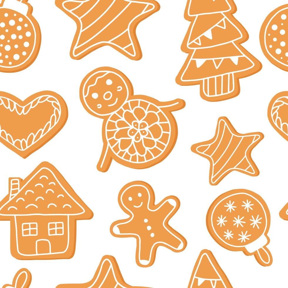 Gingerbread traditional christmas cookies seamless pattern isolated on white background. Doodle sweet food. vector