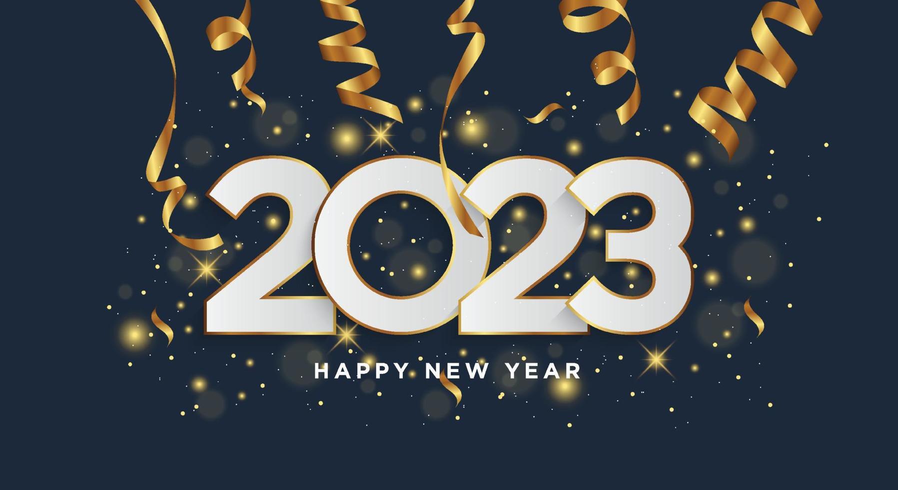 Happy new year 2023. White paper numbers with golden Christmas decoration and confetti on dark background. vector