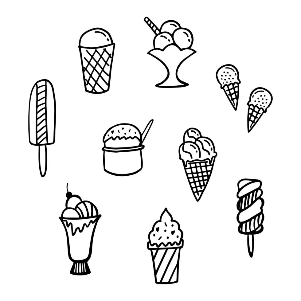 Ice cream line doodle set. Nine different ice cream popsicle, gelato, clotted cream, sundae, soft serve ice cream. template for design. Cute hand drawn vector illustration.