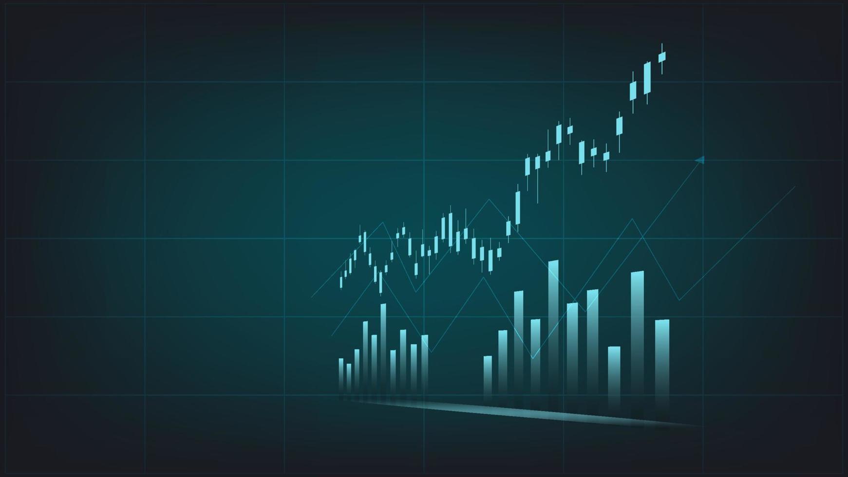 concepto de situación económica. las estadísticas de negocios financieros con gráfico de barras y gráfico de velas muestran el precio del mercado de valores y el cambio de divisas en un fondo verde oscuro vector