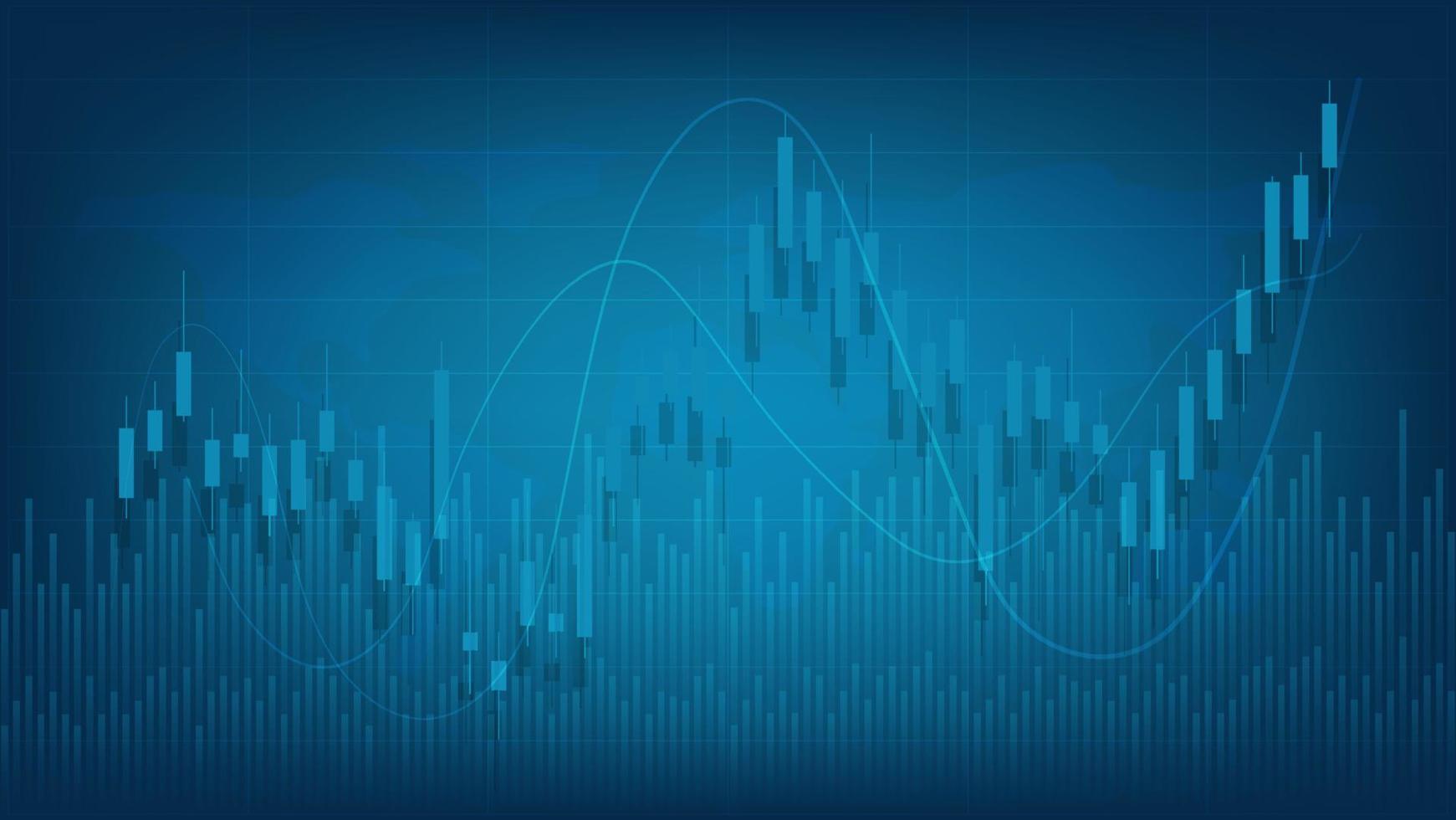 economy situation concept. Financial business statistics with bar graph and candlestick chart show stock market price and currency exchange on dark green background vector