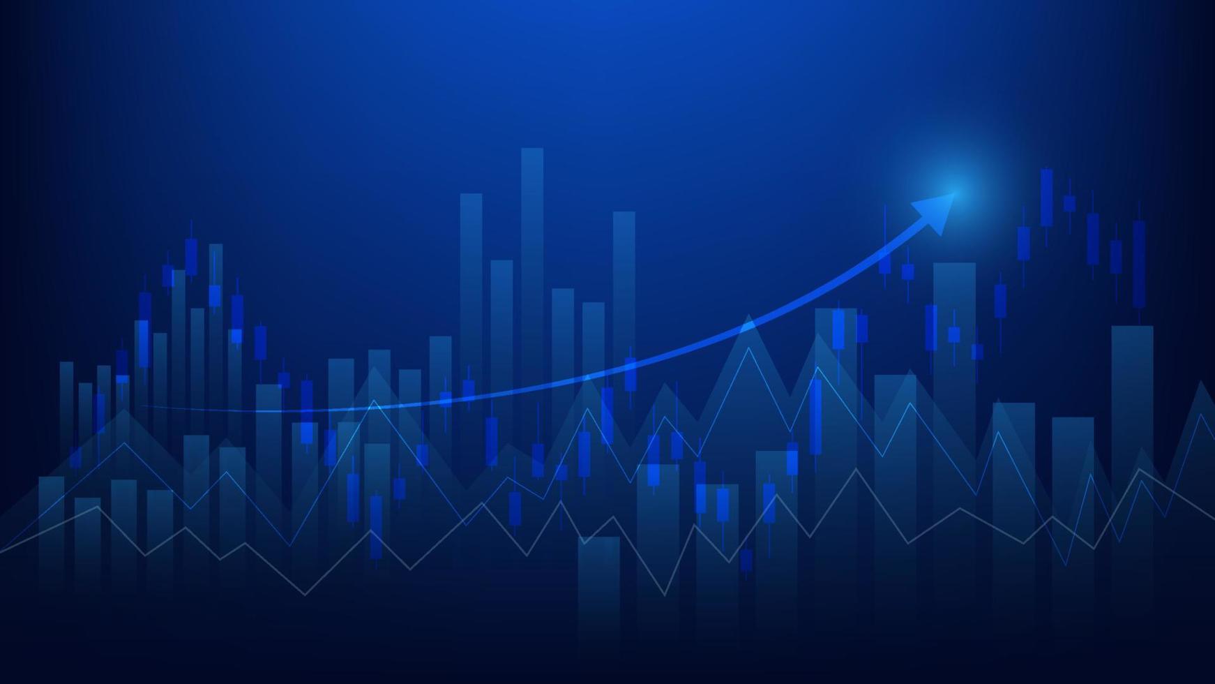 Financial business statistics with bar graph and candlestick chart show stock market price and effective earning on blue background vector