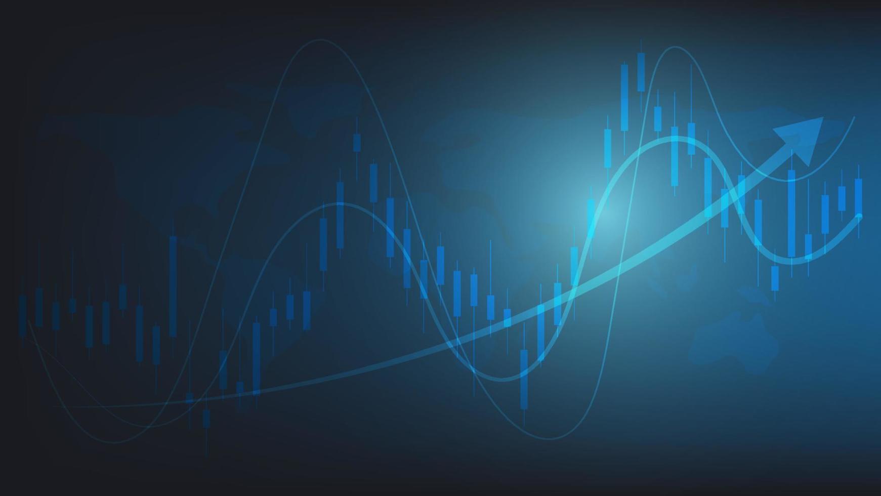 concepto de situación económica. las estadísticas de negocios financieros con gráfico de barras y gráfico de velas muestran el precio del mercado de valores y el cambio de divisas en un fondo verde oscuro vector