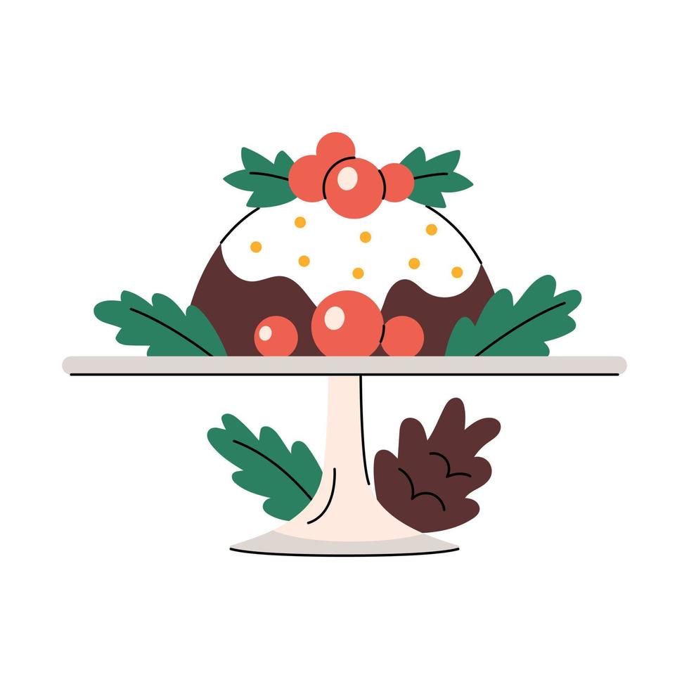 Cute christmas pudding on a plate decorated with omela leaves and berries. Traditional xmas cake. Sweet new year food. Minimalistic flat hand-drawn isolated illustration on white background vector