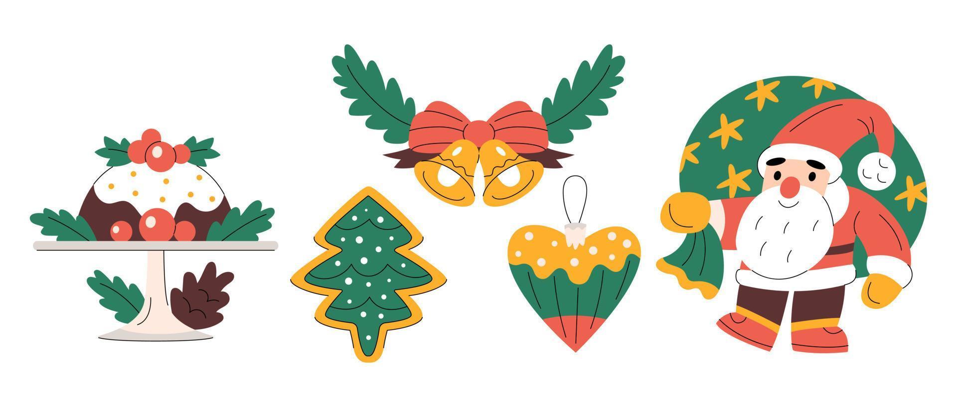 Set of cute Christmas elements. Santa Claus, Xmas pudding, bells, heart-shaped ornament and gingerbread cookies. Colorful New year symbols. Minimalistic flat hand-drawn isolated illustration vector