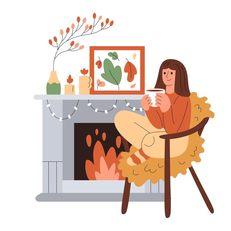 Smiling girl in warm clothes sits in armchair next to the fireplace, holds a cup of warm drink. vector