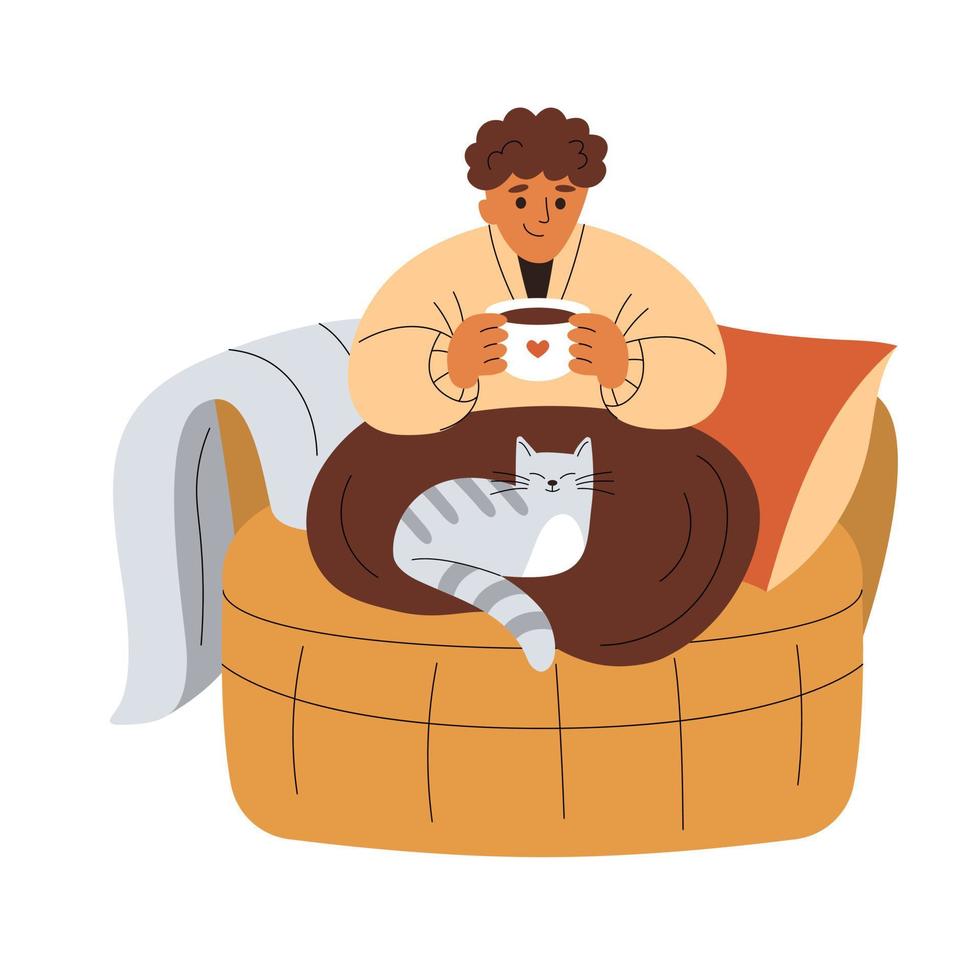 niña sonriente con ropa abrigada descansa en un sillón con un lindo gato gris, sostiene una taza de bebida caliente vector