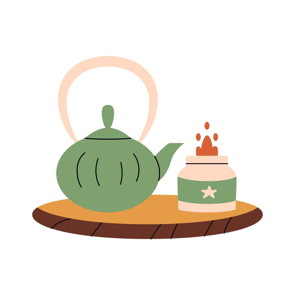 Cute minimalistic composition with a teapot and burning candle on a woden stand vector