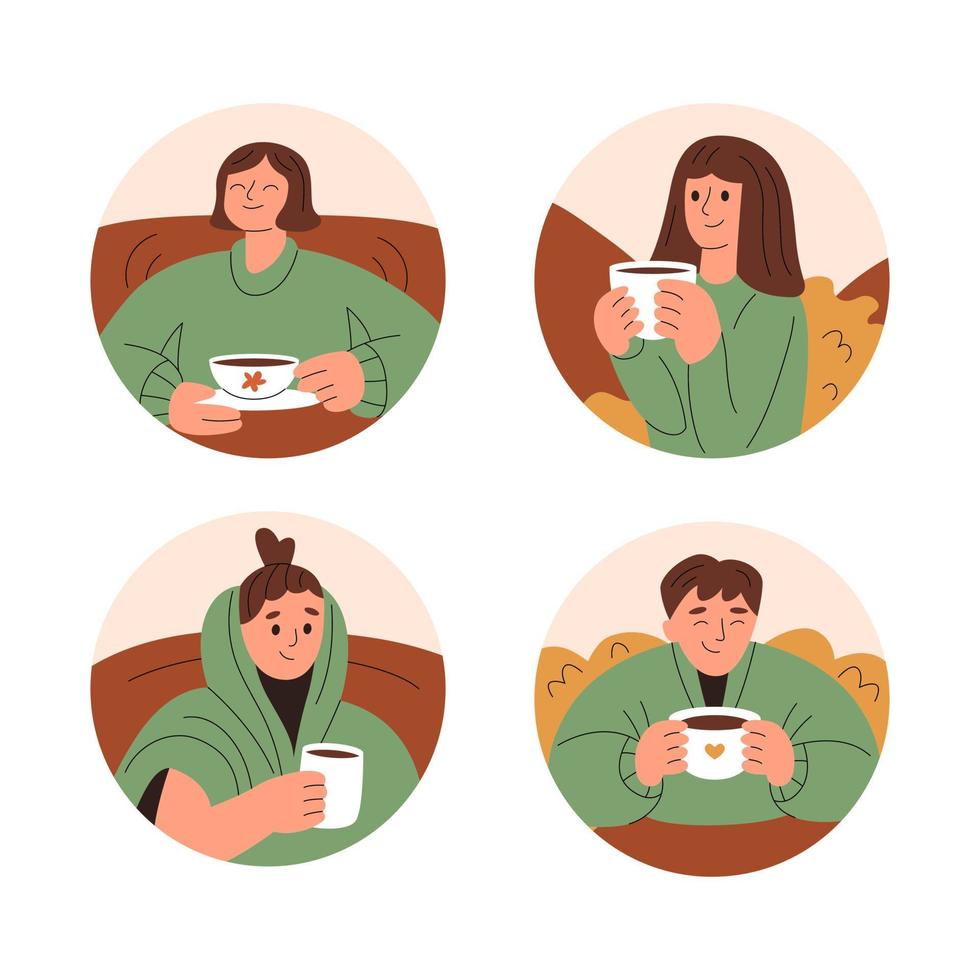 Set of round illustrations of smiling girls in warm clothes holding cups of hot drink vector