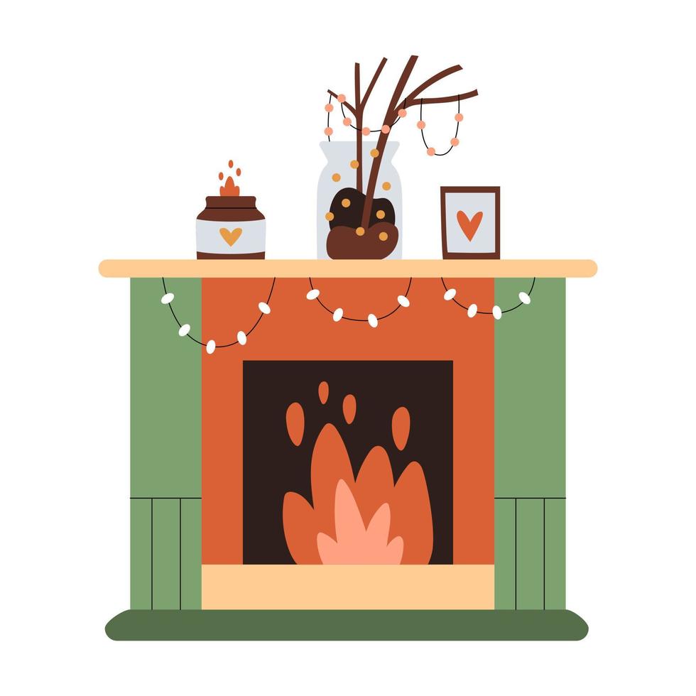 Cute minimalistic composition with a fireplace, lights, burning candles and decorative branches in a vase vector