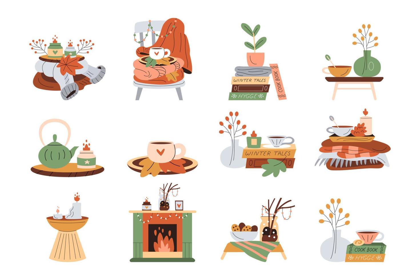 Collection of cute illustrations with burning candles, coffee, cacao, tea, knitted wool clothes and blankets, plants, books, fireplace vector