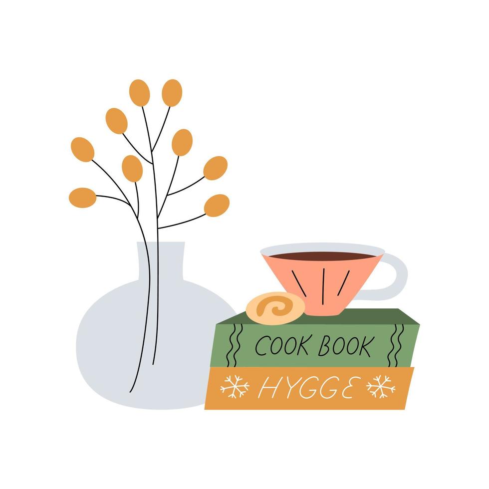 Cute composition with a cup of warm drink, fall leaves, cookie, books and vase with plant. vector