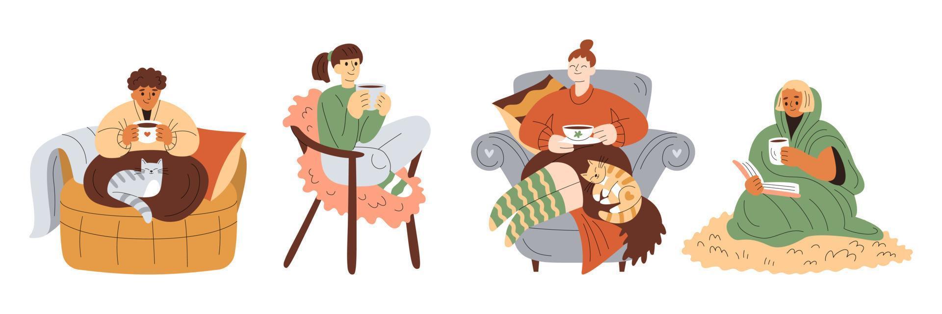 Set of smiling girls in warm clothes resting in armchairs, holding cups of warm drink, reading vector