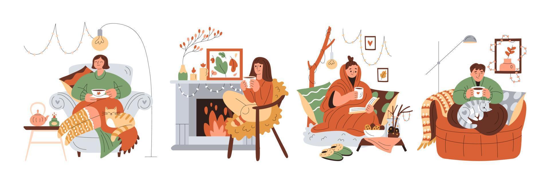 Set of smiling girls in warm clothes resting in armchairs, holding cups of warm drink vector