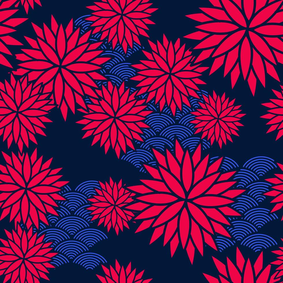 Seamless pattern of chrysanthemums in Asian style. Vector illustration