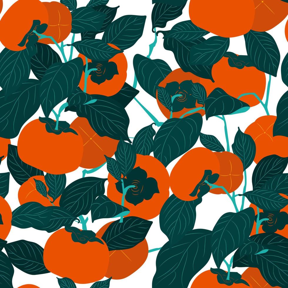 Seamless pattern. Colorful fruit pattern of fresh whole and sliced persimmon fruits. Vector illustration