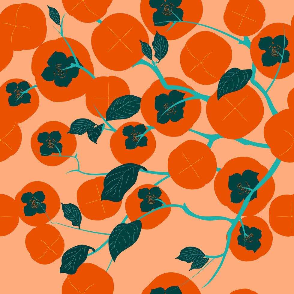 Seamless pattern. Colorful fruit pattern of fresh whole and sliced persimmon fruits. Vector illustration