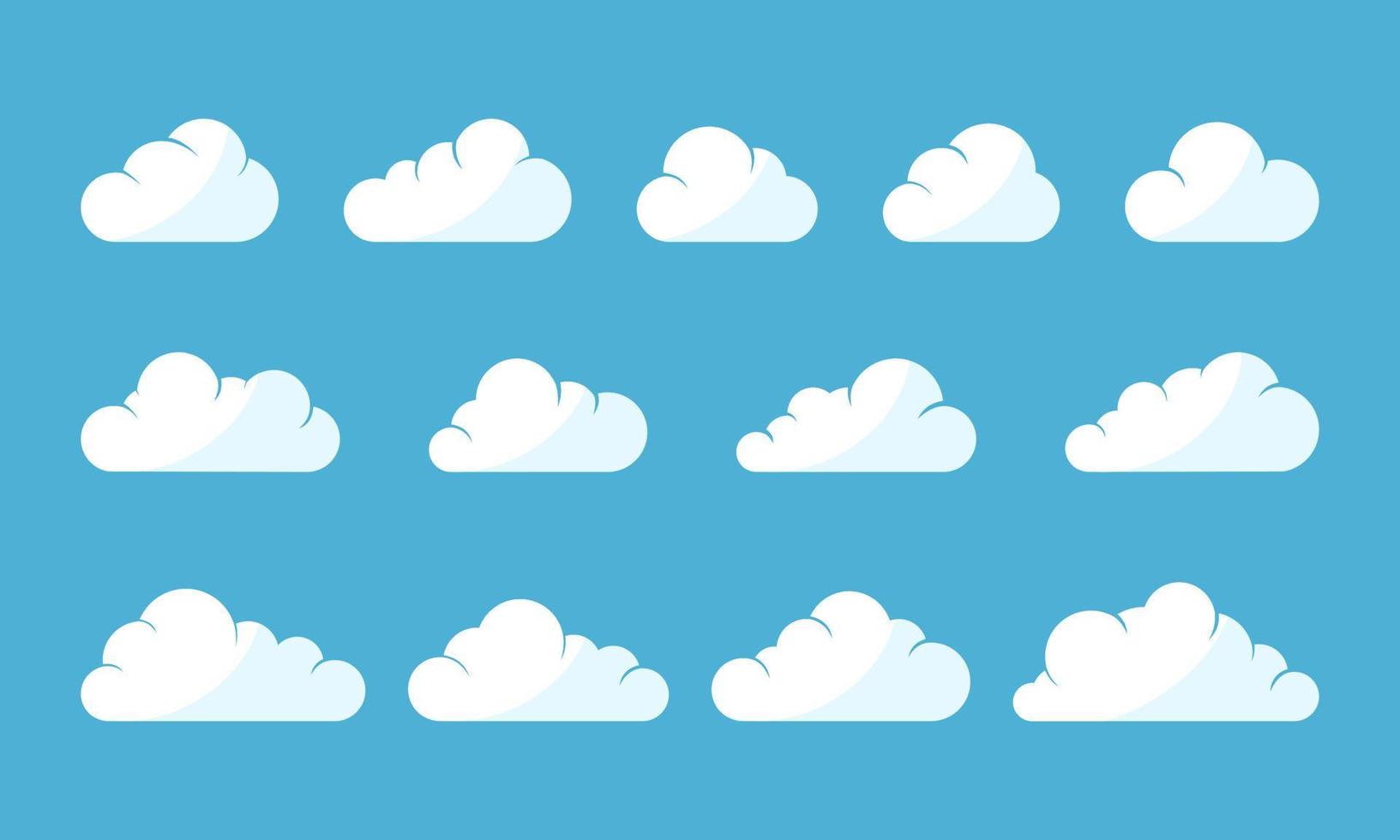 Different shapes of white clouds on the blue background. Cloud icons. Vector illustration.