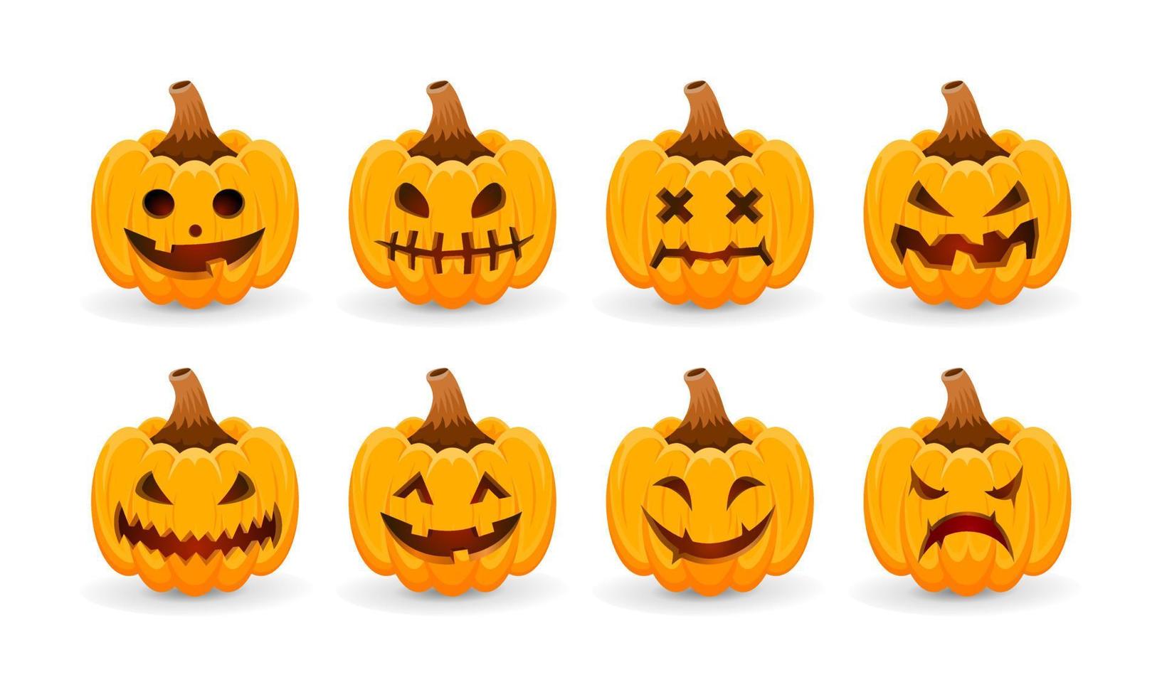 Many pumpkins show laughing, crying, happy and scary faces and are used on Halloween vector