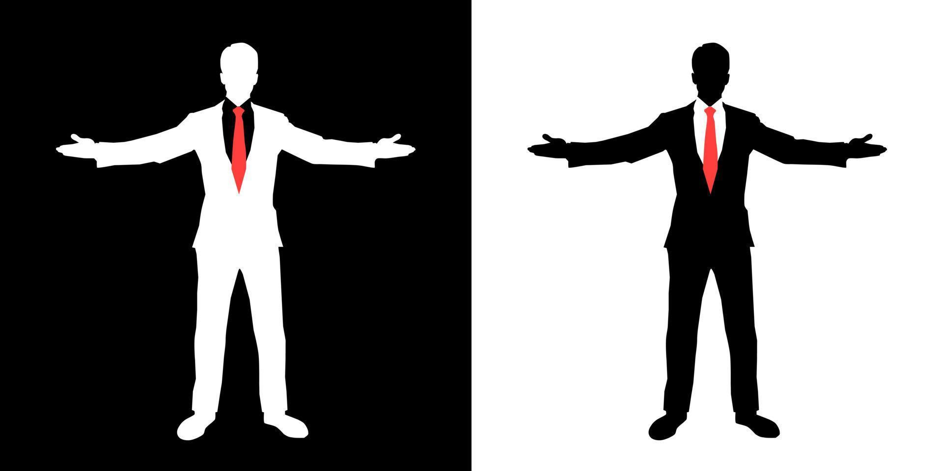 el hombre de negocios se enorgullece de sus logros con los brazos extendidos sobre fondo blanco y negro. ilustración vectorial vector