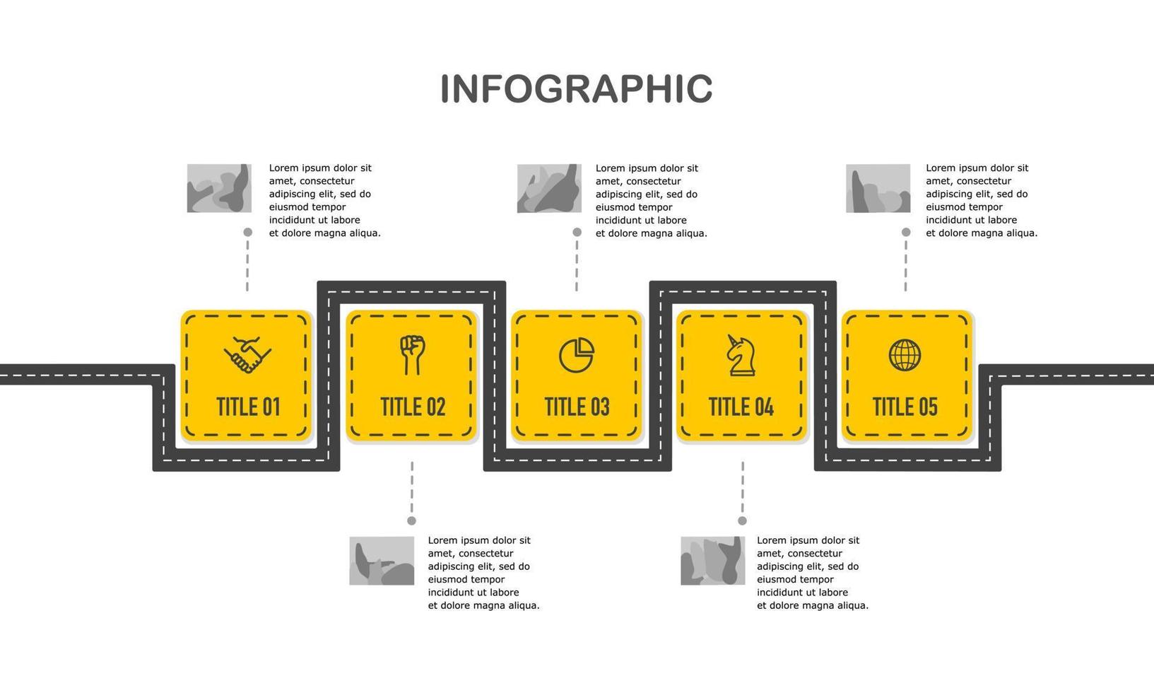 Horizontal winding infographic road with 5 titles. Histograms, Milestone, Timeline. vector