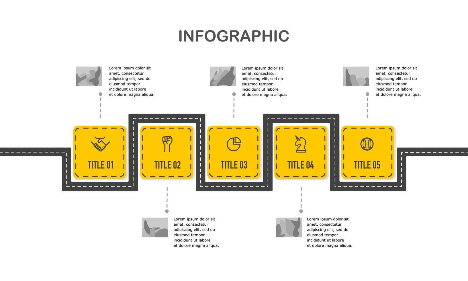 camino infográfico sinuoso horizontal con 5 títulos. histogramas, hitos, línea de tiempo. vector