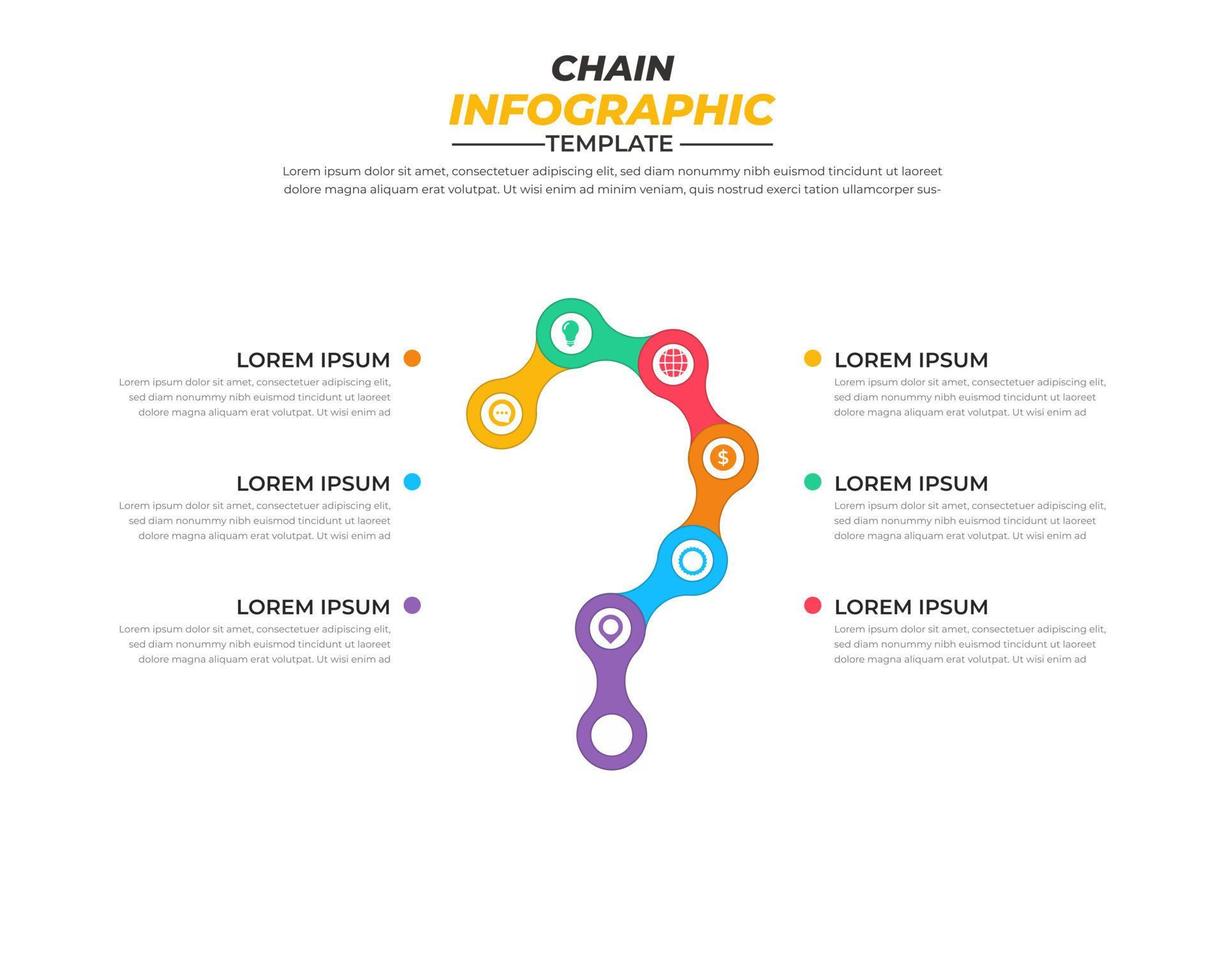 diseño infográfico de cadena con 6 pasos para visualización de datos, diagrama, informe anual, diseño web, presentación. plantilla de negocio de vectores