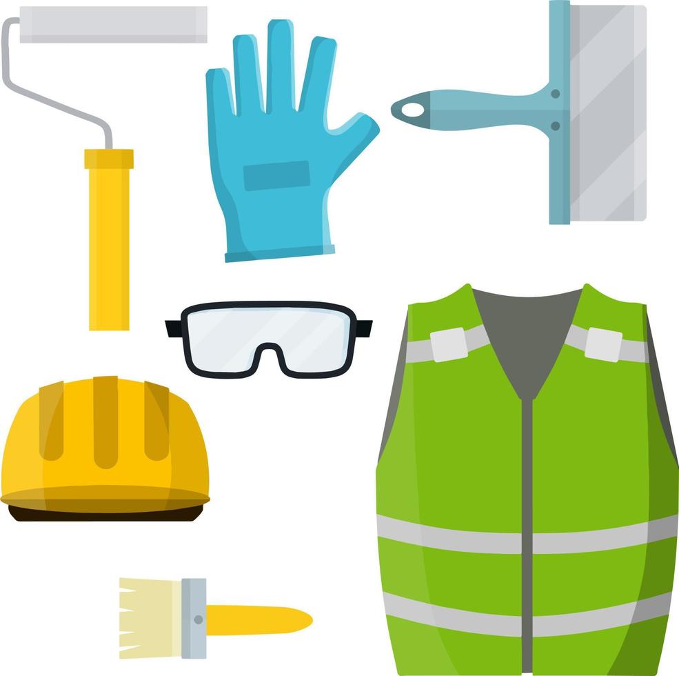 Construction vest and glove. Repair tool. Cartoon flat illustration. Worker and painting cloth vector