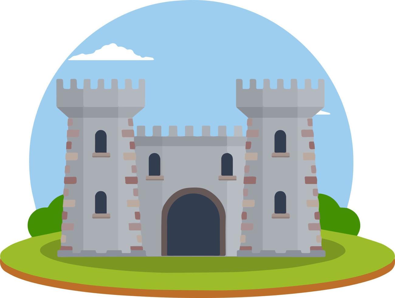 castillo de piedra europeo medieval. fortaleza del caballero. concepto de seguridad, protección y defensa. ilustración plana de dibujos animados. edificio militar con murallas, puertas y gran torre. vector