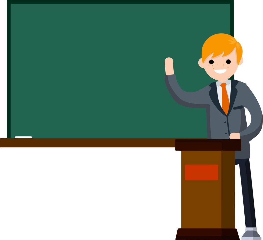 School teacher stands near blackboard. Lecturer in College in classroom. Clean chalkboard for chalk text. man in suit. Cartoon flat illustration. Podium for speech. Profession at University vector