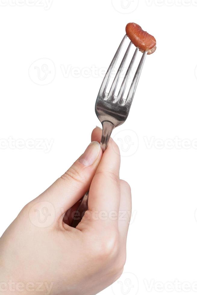 one brown bean impaled on fork in female hand photo