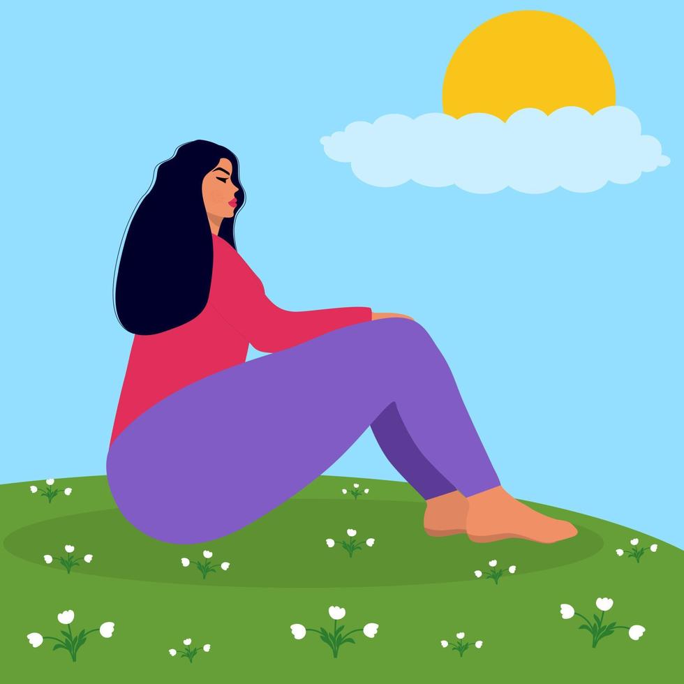 Young woman sits on a flower meadow. vector