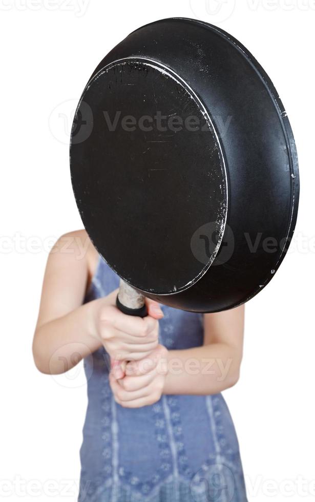 woman with skillet close up isolated photo