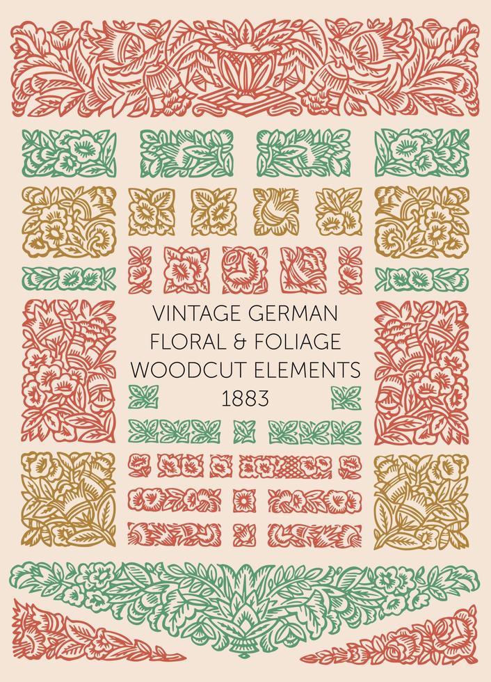 elementos de diseño floral grabados en madera vintage para libros, invitaciones, etiquetas, diseño de menú y embalaje. flores, follaje, frutas y efímeras. de la fundición tipográfica alemana genzsch y heyse fundada en 1833. vector