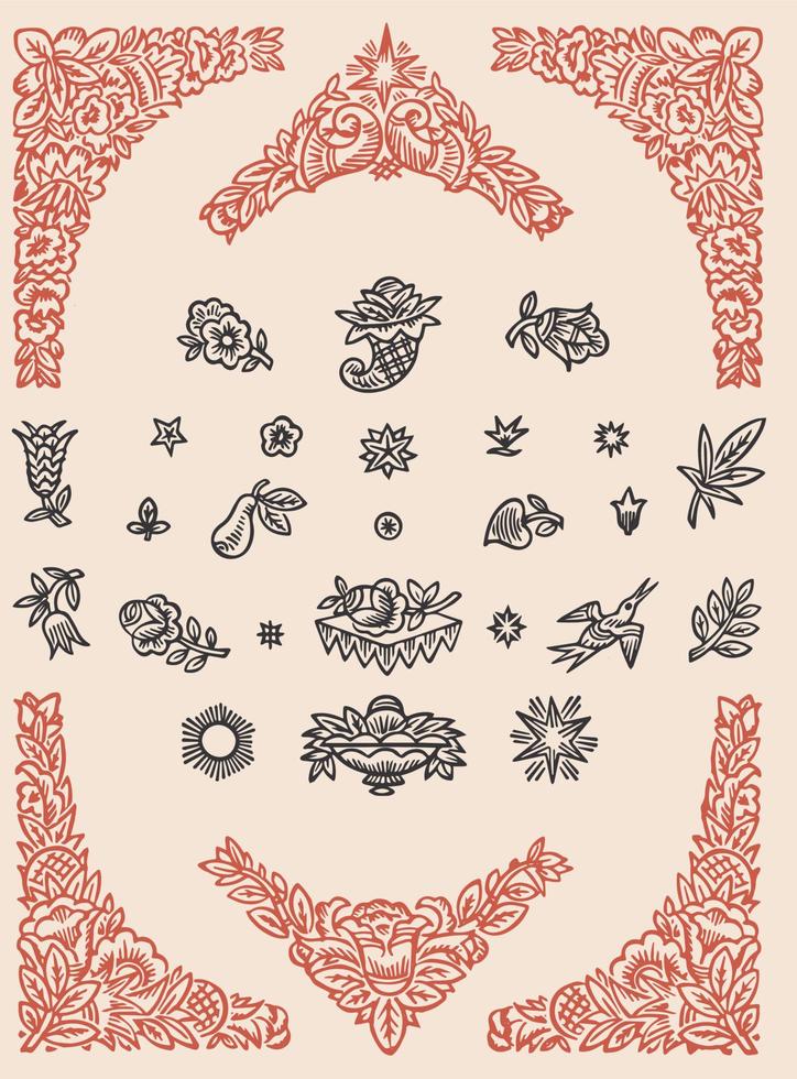 elementos de diseño floral grabados en madera vintage para libros, invitaciones, etiquetas, diseño de menú y embalaje. acompañamientos a la tipografía y diseño de texto. vector