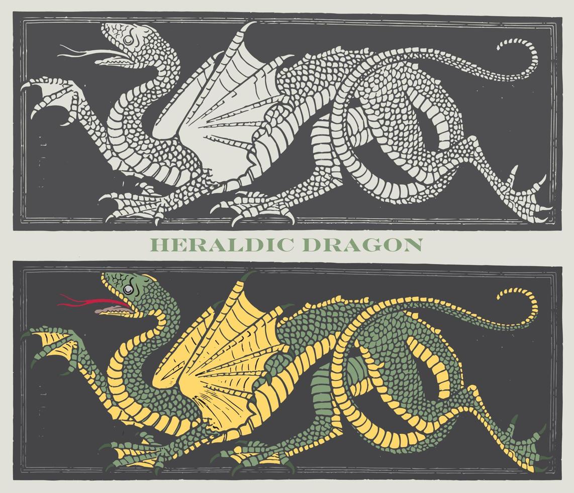 Norse heraldic dragon, vector illustration, engraving art.