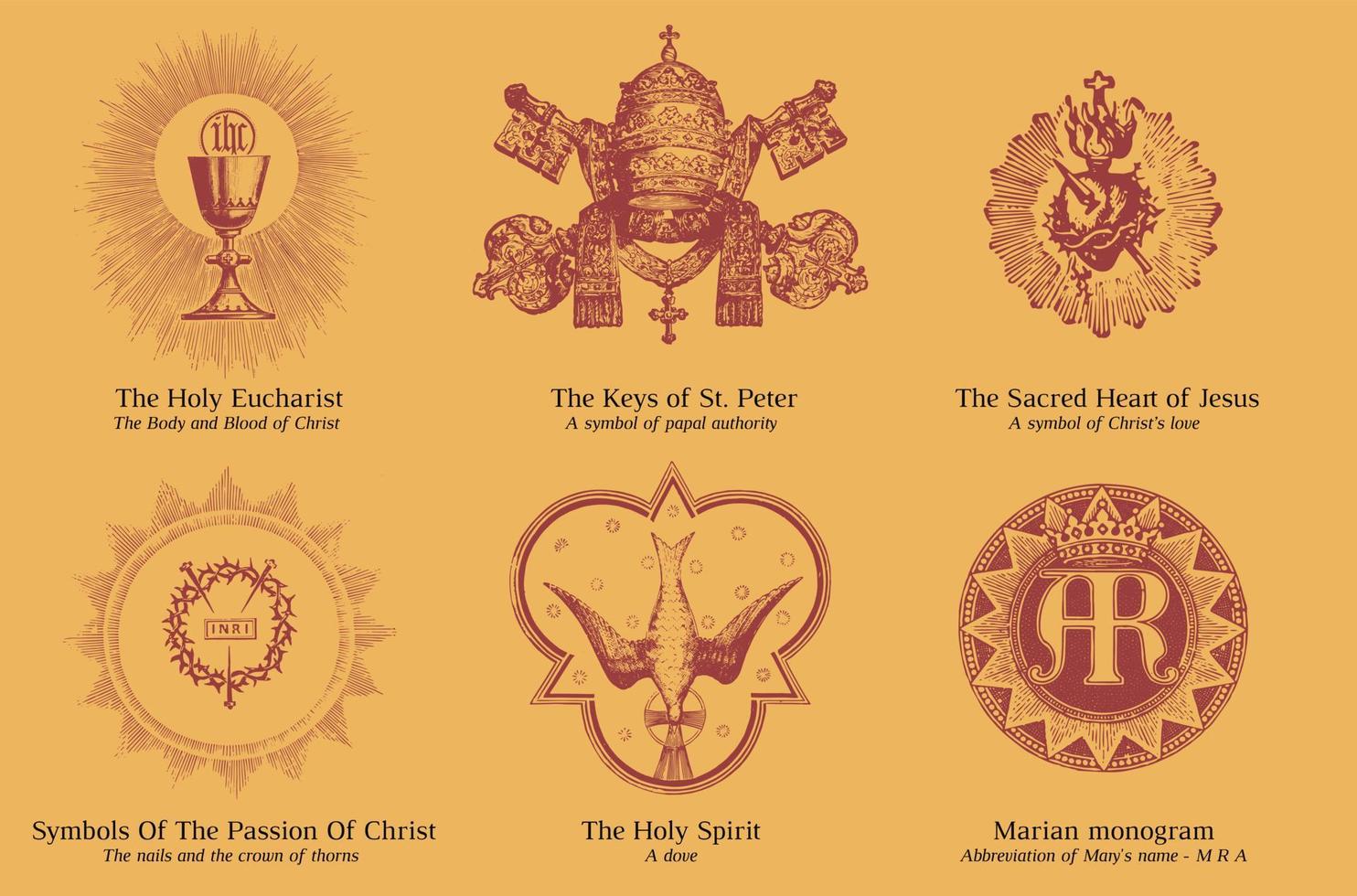 conjunto de vectores de símbolos católicos, grabado antiguo