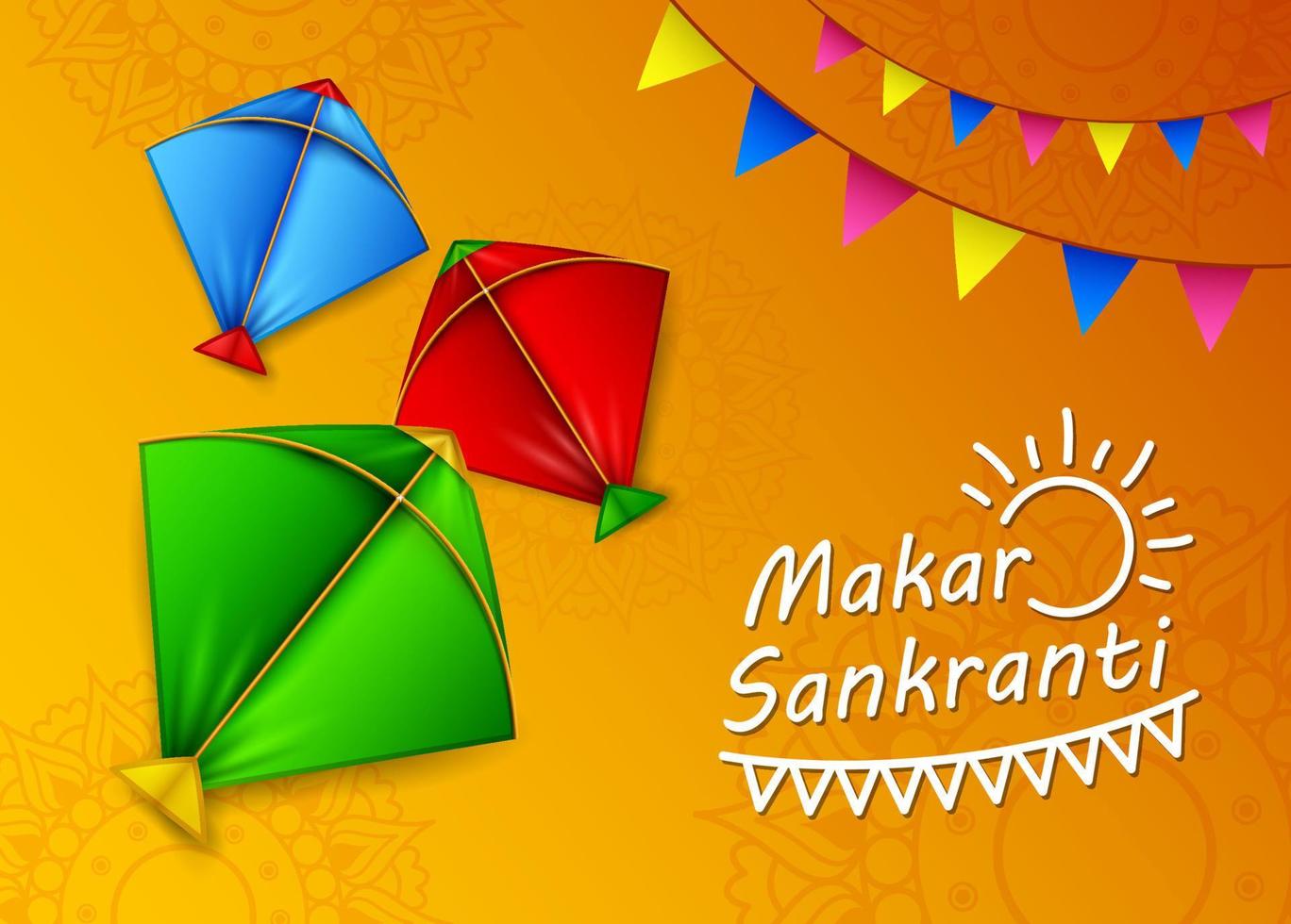 makar sankranti tarjeta de felicitación con cometas de colores vector