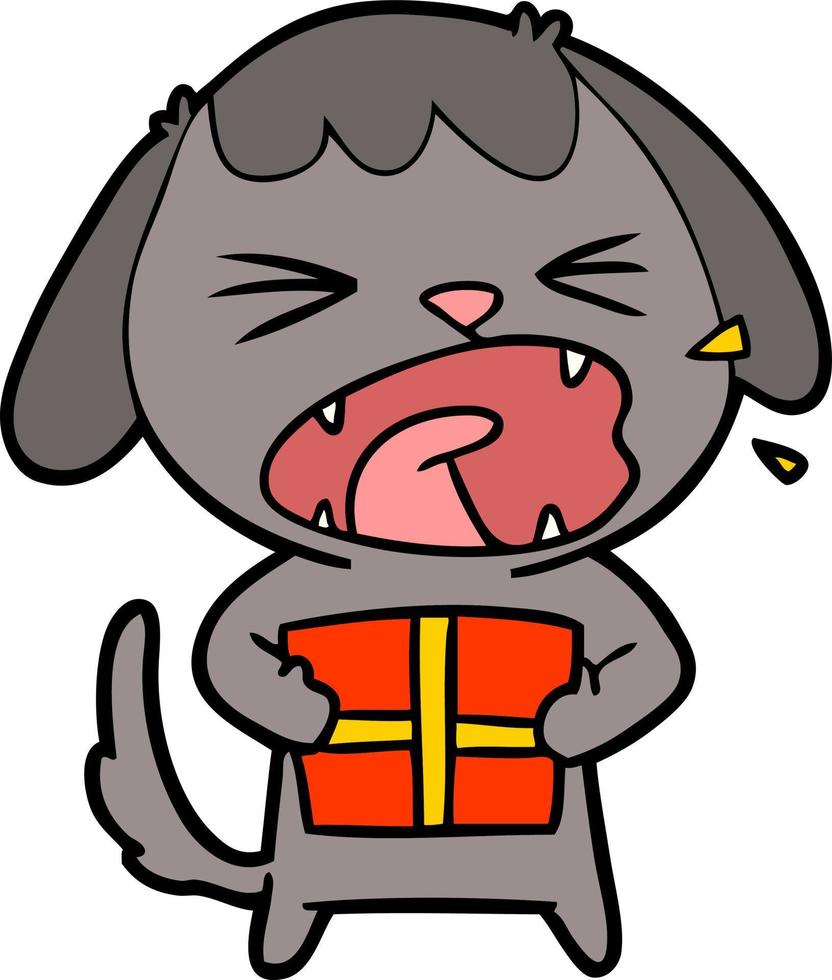 lindo perro de dibujos animados con regalo de navidad vector