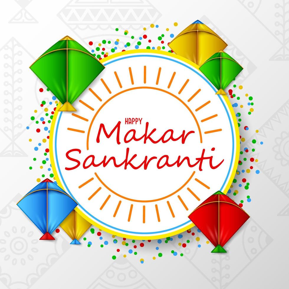 Makar sankranti greeting card with round paper and colorful kite vector