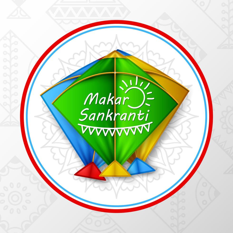 Makar sankranti greeting card with round paper and colorful kite vector