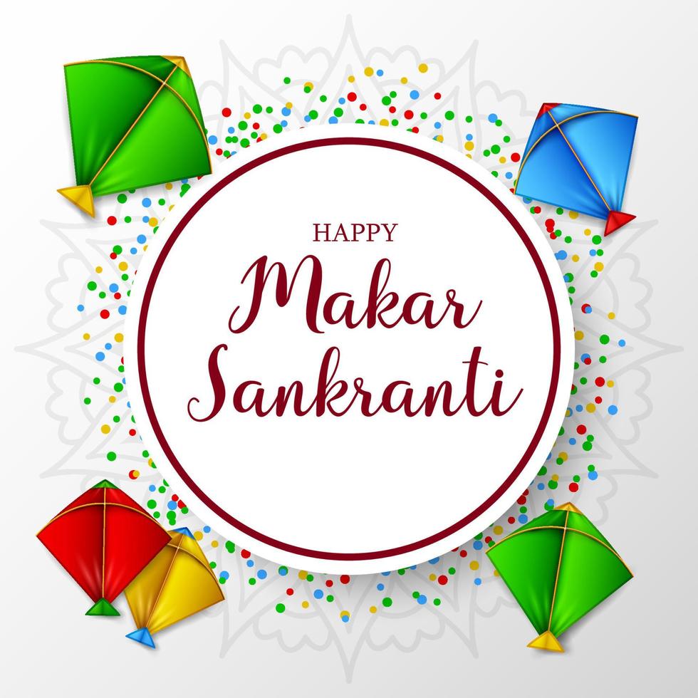 makar sankranti tarjeta de felicitación con papel redondo y cometa de colores vector