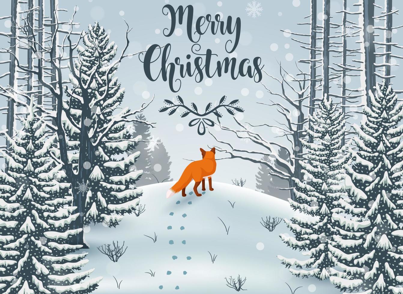 Merry Christmas Winter with Forest Landscape and fox animal vector