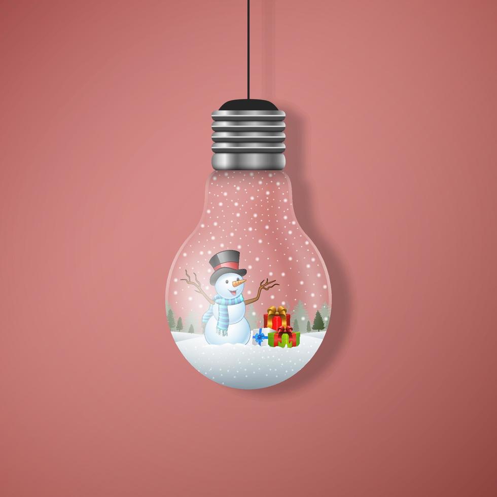 Christmas card with christmas tree and deer in the hanging light bulbs vector