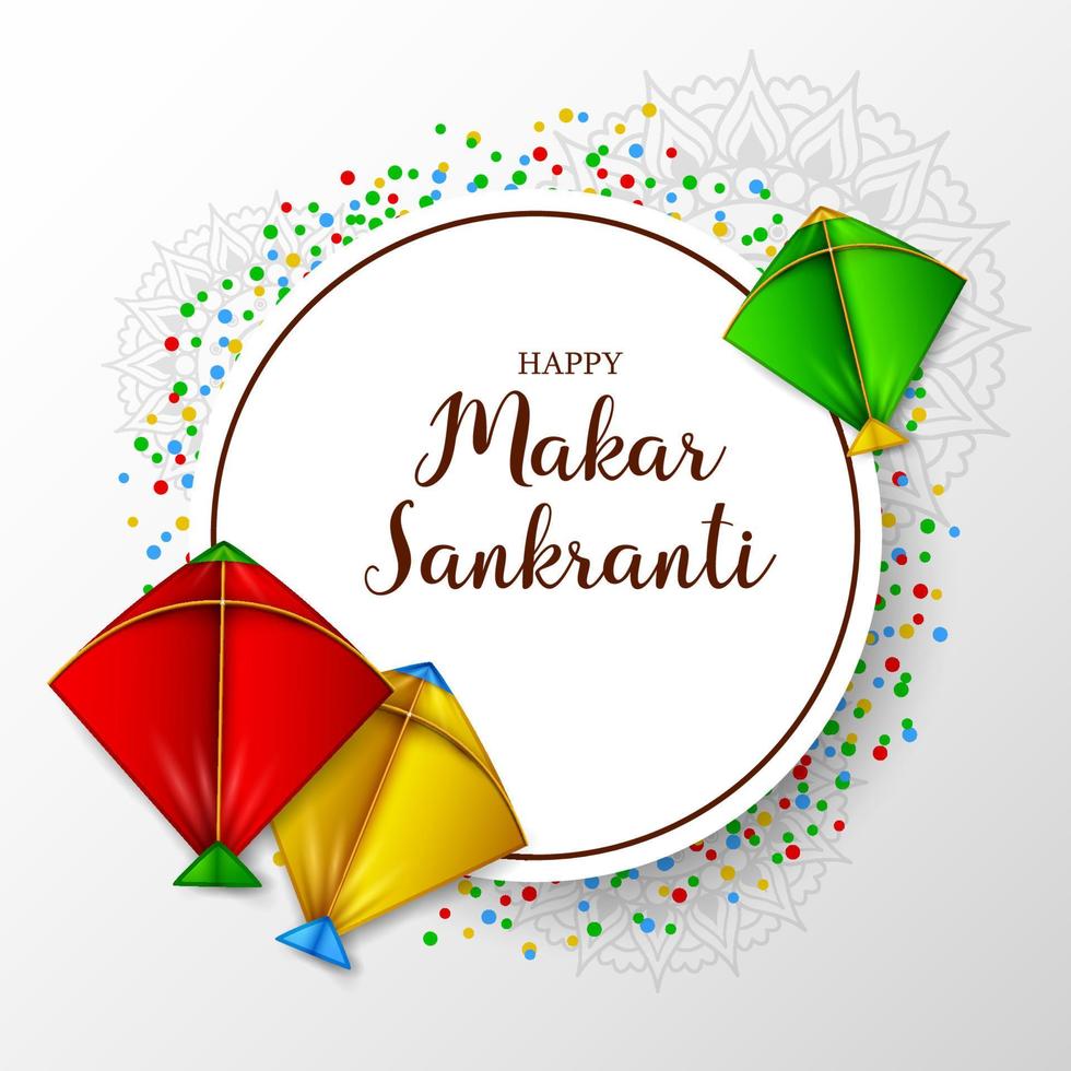 makar sankranti tarjeta de felicitación con papel redondo y cometa de colores vector