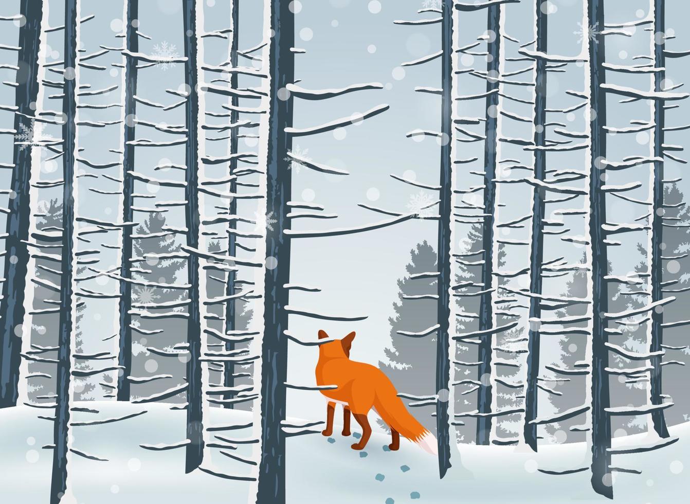 feliz invierno con paisaje forestal y animal zorro vector